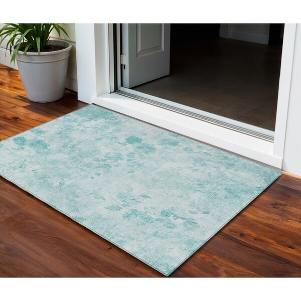 Homeroots 3' X 5' Aqua Teal Blue And Ivory Floral Washable Indoor Outdoor Area Rug 583094 - main
