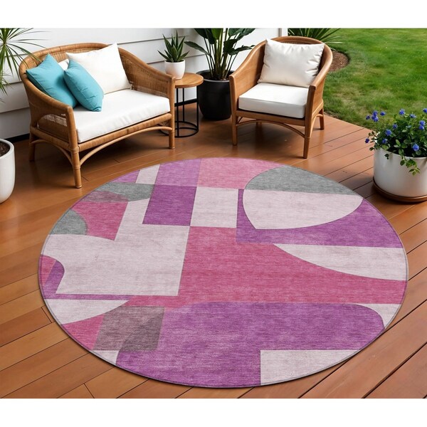 Homeroots 8' Blush And Mauve Round Geometric Washable Indoor Outdoor Area Rug 617898 - main