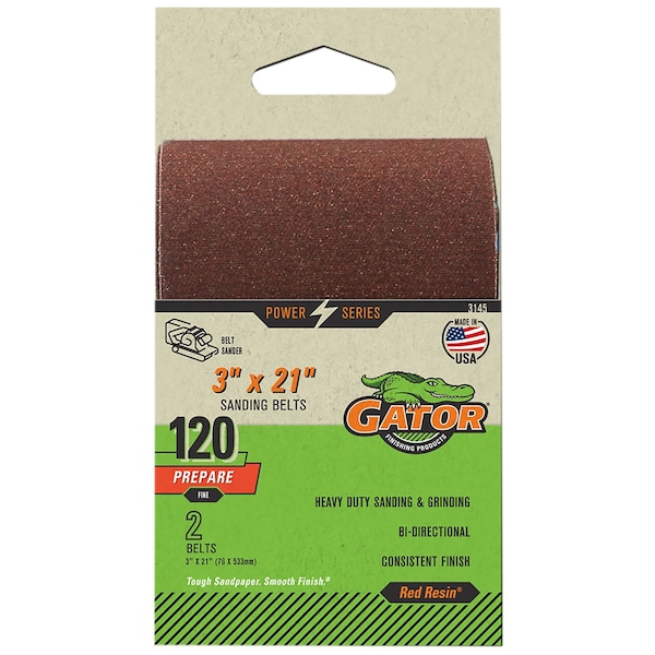 Gator Finishing Red Resin 3 x 21 in. Sanding Belt, 120 Grit, Fine, 2PK 3145 - main