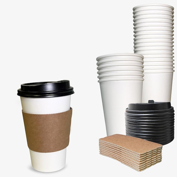 Ecoquality 16oz White Paper Coffee Cups with Black Dome Lids and Sleeves - For Home, Office, 75PK EQ16WHTPCBDLS-75 - main