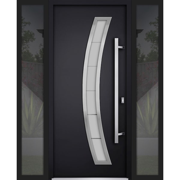 Vdomdoors Steel Door Deux 6500 Black 2 Sidelight Exterior Windows Stainless Inserts Single Modern Painted-W12 DEUX6500EXD-BLK-W12+36+12 x H80-Left-hand Inswing - main