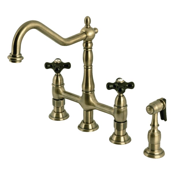 Kingston Brass Bridge Kitchen Faucet with Brass Sprayer, Antique Brass KS1273PKXBS - main