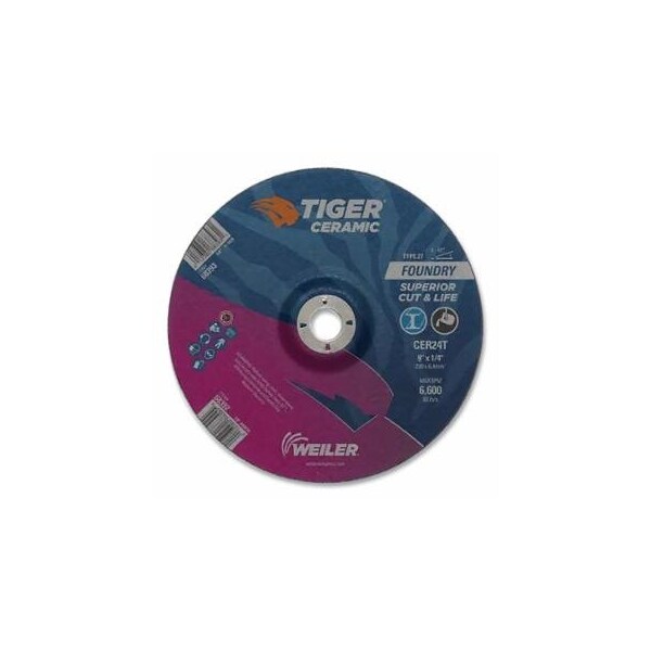 Weiler Tiger Grinding Wheel, 9 in dia x 1/4 in Thick x 7/8 in Arbor, 30 Grit, Ceramic Alumina, Type 27, 10PK 804-68392 - main