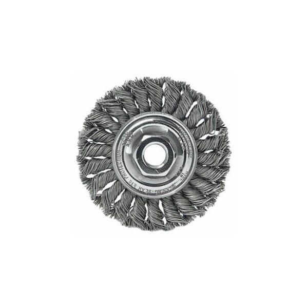 Weiler Standard Twist Knot Wheel, 4 dia x 1/2 Wide, 0.014 Stainless Steel, 5/8 in to 11 UNC Nut 804-13113 - main
