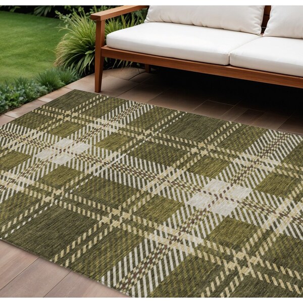 Homeroots 9' X 12' Olive Green Gold And Brown Plaid Washable Indoor Outdoor Area Rug 596355 - main