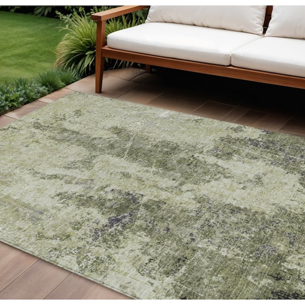 Homeroots 10' X 14' Artichoke Green And Fern Green Abstract Washable Indoor Outdoor Area Rug 609851 - main