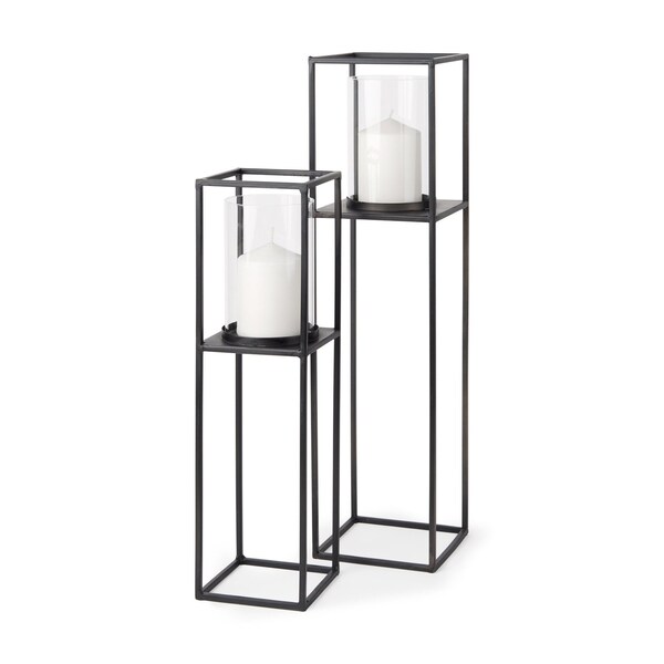 Homeroots Set of Two Black Geometric Metal And Glass Tabletop Hurricane Candle Holders, 2PK 608528 - main