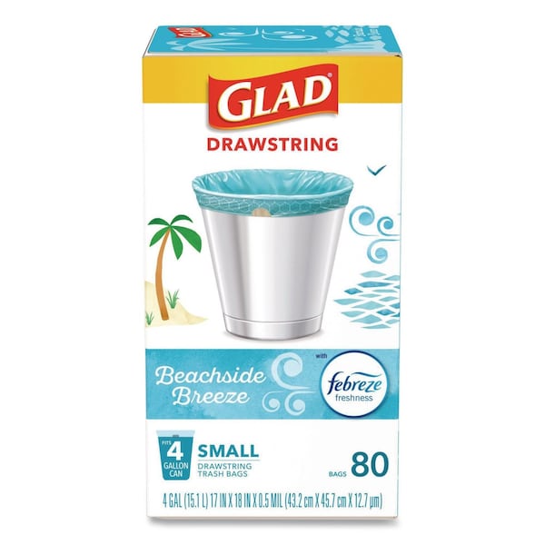 Glad OdorShield Small Drawstring Trash Bags, 4 gal, Beachside Breeze Scent, 0.5 mil, 18 x 17, Blue, 80PK 79155 - main