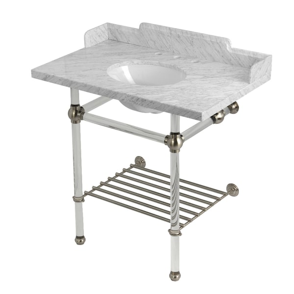 Kingston Brass 36-Inch Carrara Marble Console Sink with Acrylic Legs and Shelf, 8-Inch, 3-Hole LMS36MAB8 - main