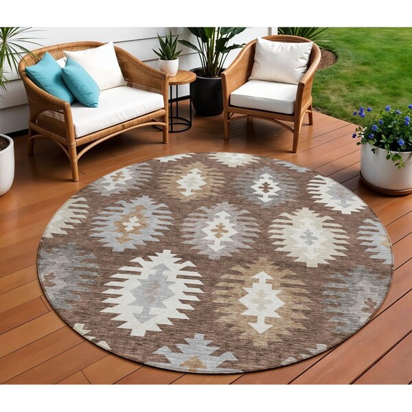 Homeroots 8' Brown Ivory And Taupe Round Southwestern Washable Indoor Outdoor Area Rug 615124 - main