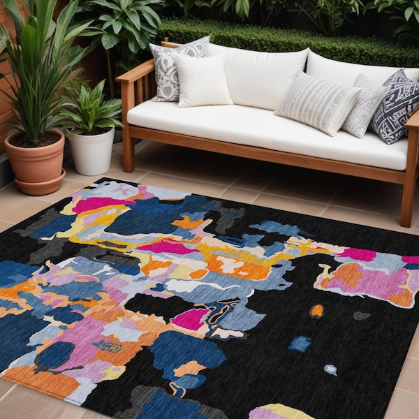 Homeroots 9' X 12' Black Blue And Pink Abstract Washable Indoor Outdoor Area Rug 599542 - main