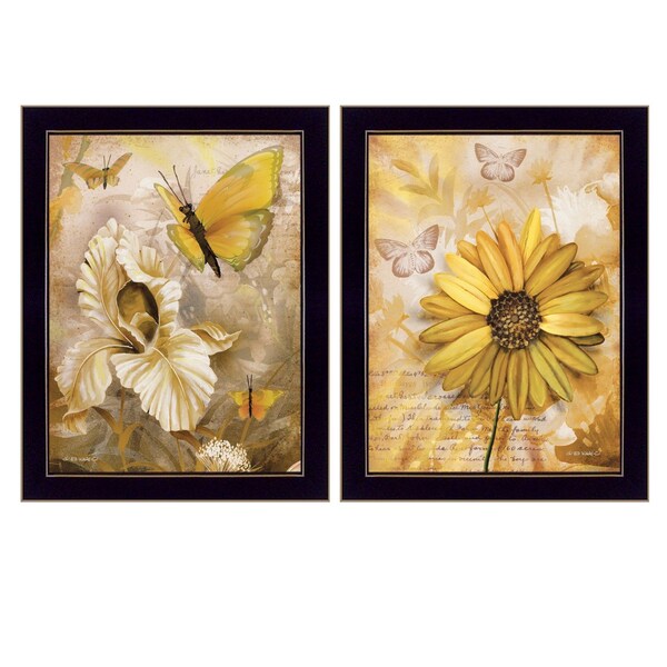 Homeroots Set Of Two Flowers and Butterflies 3 Black Framed Print Wall Art, 2PK 407180 - main