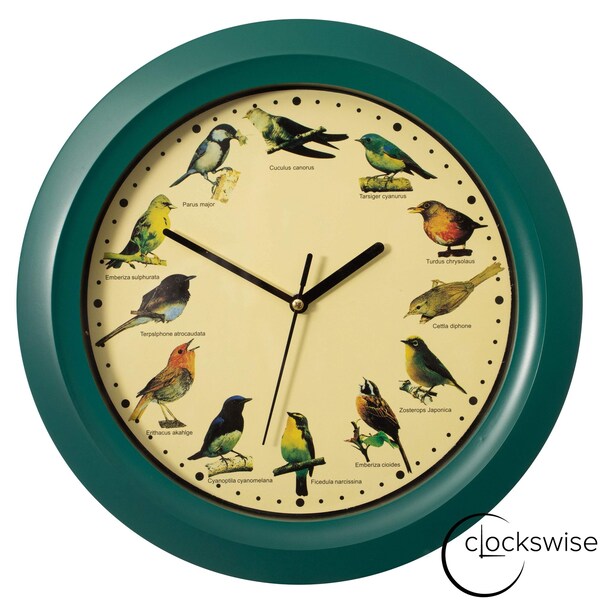 Clockswise 12in Round Battery-Operated Singing Bird Wall Clock with Wild Nature Sounds & Non-Ticking, Green QI004820.GN - main
