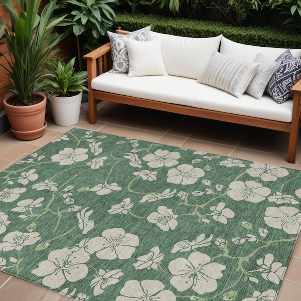 Homeroots 10' X 14' Sage And Ivory Floral Washable Indoor Outdoor Area Rug 600053 - main