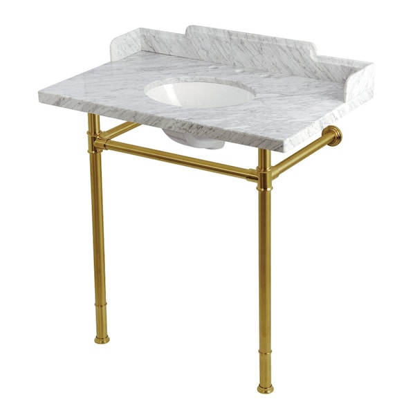 Kingston Brass 36-Inch Carrara Marble Console Sink with Stainless Steel Legs, 8-Inch, 3-Hole KMS36228M87 - main