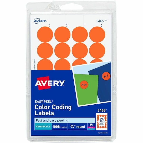 Avery Print or Write Removable Color-Coding Labels, 3/4" Dia, Orange, 1008/Pack 5465 - main