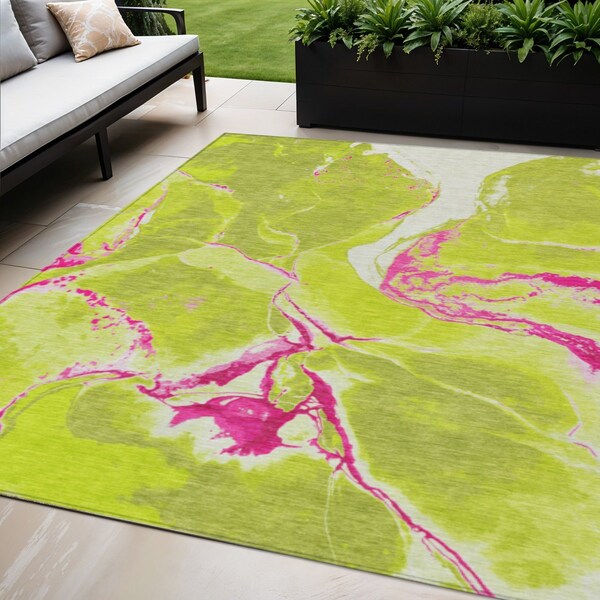 Homeroots 5' X 8' Lime Green Neon Pink And Ivory Abstract Washable Indoor Outdoor Area Rug 597783 - main