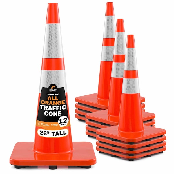 Xpose Safety 28 Inch Orange Slim Line Traffic Cones Heavy Duty 10lb with 6in and 4in Collars, DOT Approved, 12PK AOTC28SL-64-10L-12-X - main