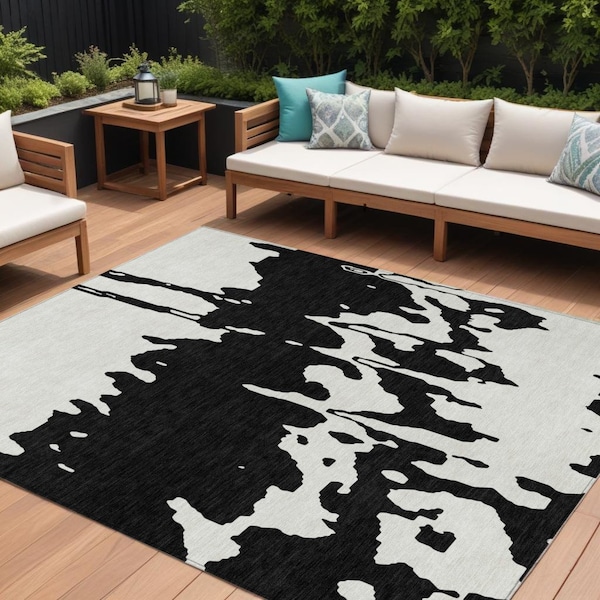 Homeroots 9' X 12' Black And Ivory Abstract Washable Indoor Outdoor Area Rug 613618 - main