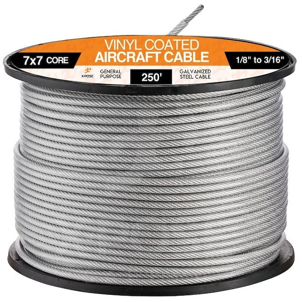 Xpose Safety 7x7 Vinyl Coated Galvanized Steel Aircraft Cable Wir 250 ft, 1/8 to 3/16 GCV18-316-250-X - main