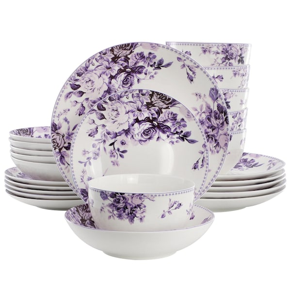 Elama Traditional Purple Rose 24 Piece Stoneware Double Bowl Dinnerware Set 750123731M - main