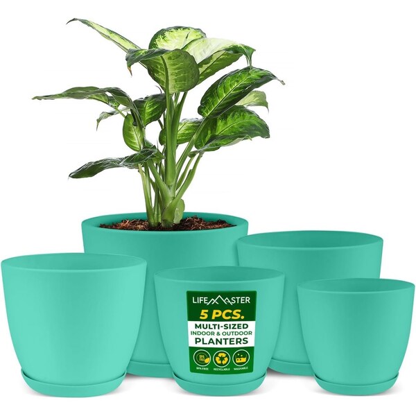 Lifemaster Planter Pots with Drainage Holes, Lightweight, Durable, Space-Saving, Aqua, 5PK LMFLOPAQA55 - main