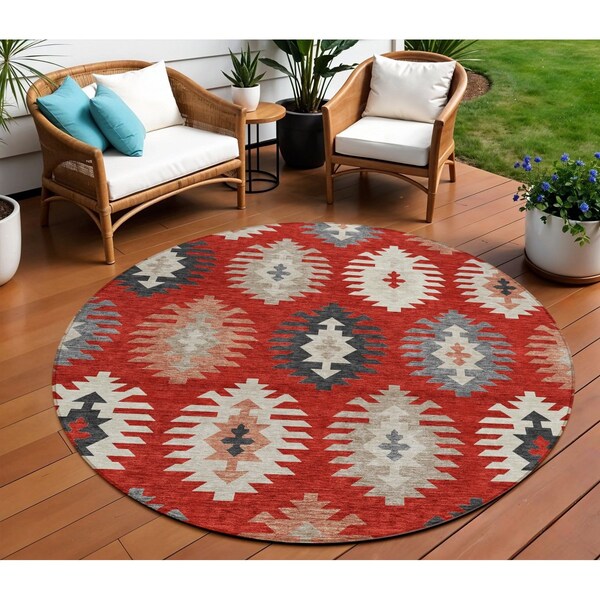 Homeroots 8' Red Ivory And Salmon Round Southwestern Washable Indoor Outdoor Area Rug 615166 - main