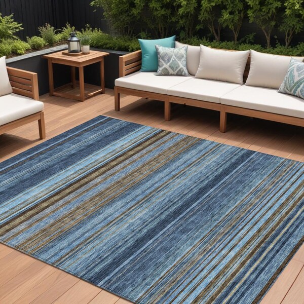 Homeroots 10' X 14' Navy Blue Sky Blue And Taupe Striped Washable Indoor Outdoor Area Rug 614820 - main