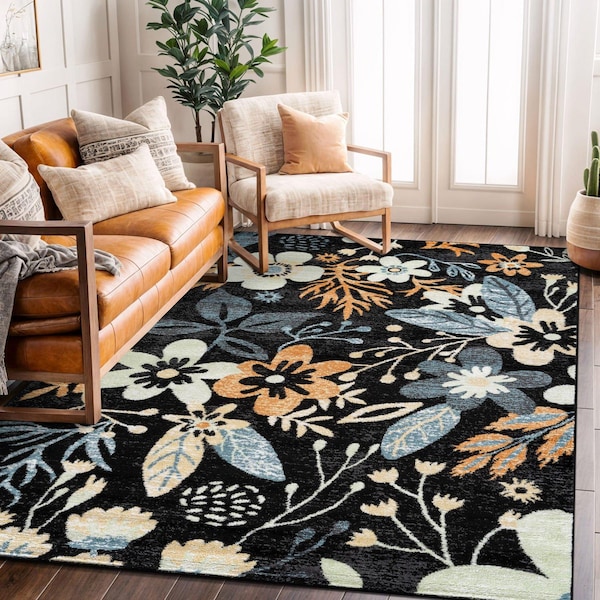 World Rug Gallery Garden Floral Area Rug 5 ft x 7 ft Black WR147BLACK5X7 - main
