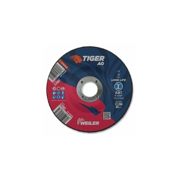 Weiler Tiger AO Cutting Wheel, 5 in dia x 3/32 in Thick, 7/8 in Arbor, A36S, Type 27, 25PK 804-57083 - main
