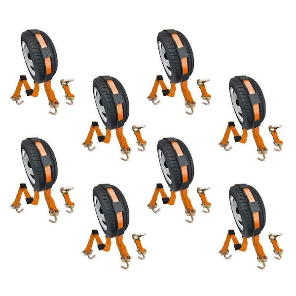 Mytee Products 2in x 9ft Ratchet Tire Strap w/ Swivel J Hooks & Rubber Pads, 8PK RST-209SHRB-HD-ORx8 - main