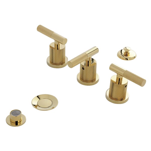 Kingston Brass Three-Handle Bidet Faucet with Knurled Handle and Brass Pop-Up, Polished Brass KB6322KNL - main