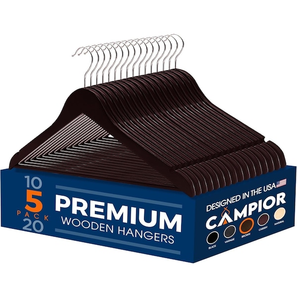 Campior Cherry Wooden Hangers, Heavy-Duty with 360 Deg Swivel Hook, Non-Slip, Pants Bar, 5PK CMPWH5CY - main