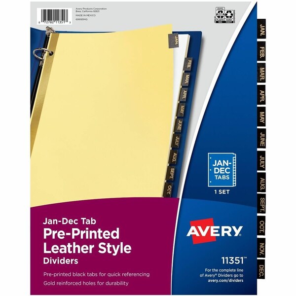 Avery Dennison Avery A to Z Gold Line Black Leather Tab Divider, Printed A to Z, 8.5"x11", 25 Tabs, Buff/Black 11350 - main