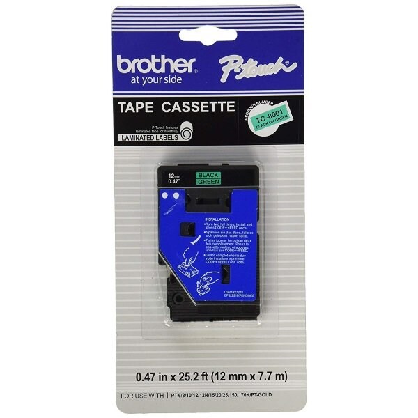 Brother 12mm 1/2in Black on Green Laminated Tape 7.7m/25.2' 1/Pkg TC8001 - main