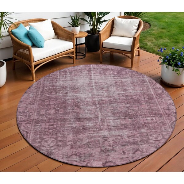 Homeroots 8' Merlot Round Oriental Washable Indoor Outdoor Area Rug 607550 - main