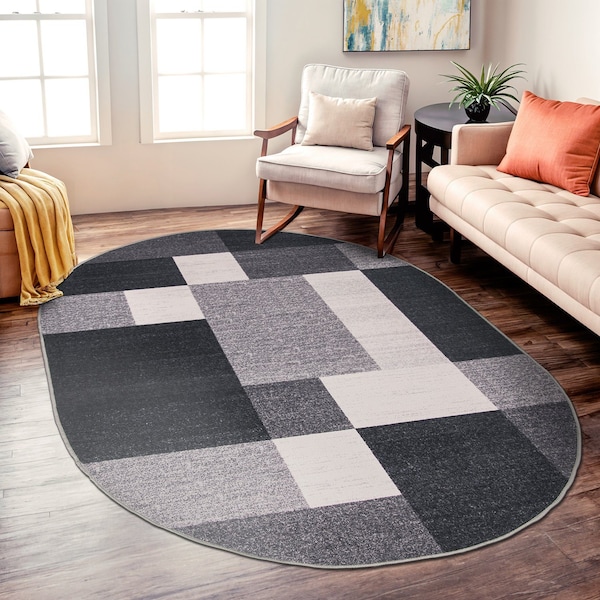 World Rug Gallery Contemporary Modern Geometric Boxes Design Non-Slip Area Rug 5 ft x 7 ft Oval Gray 506GRAY5OV - main
