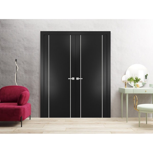 Sartodoors Solid French Double Doors, Planum 0410 Matte Black, Wood Solid Panel Frame Trims, Closet Bedroom PLANUM0410DD-BLK-36 - main