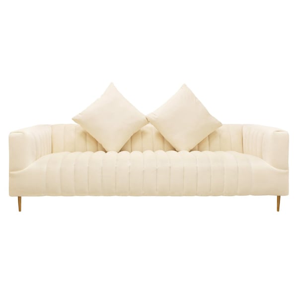 Homeroots 90" Ivory Velvet Sofa And Toss Pillows With Gold Legs 489538 - main