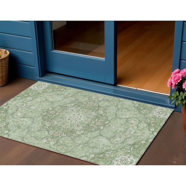 Homeroots 3' X 5' Artichoke Green And Ivory Medallion Washable Indoor Outdoor Area Rug 617449 - main