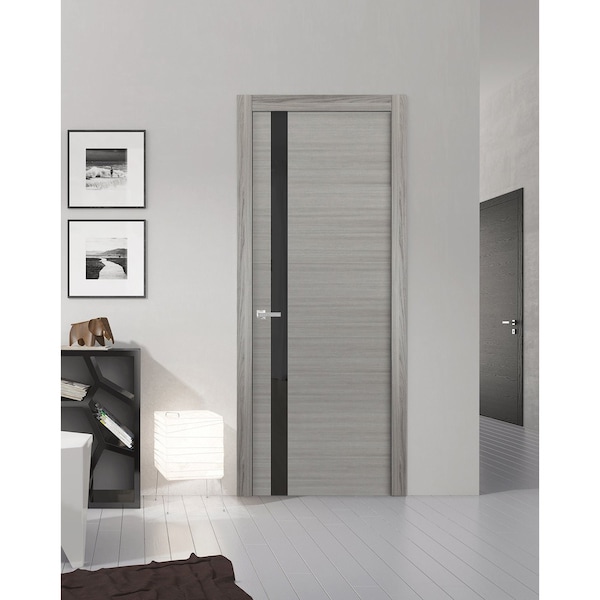 Sartodoors Solid Interior French, Planum 0040 Grey Oak with Black Glass, Single Regular Panel Frame Trims Hand PLANUM0040ID-SS-18 - main