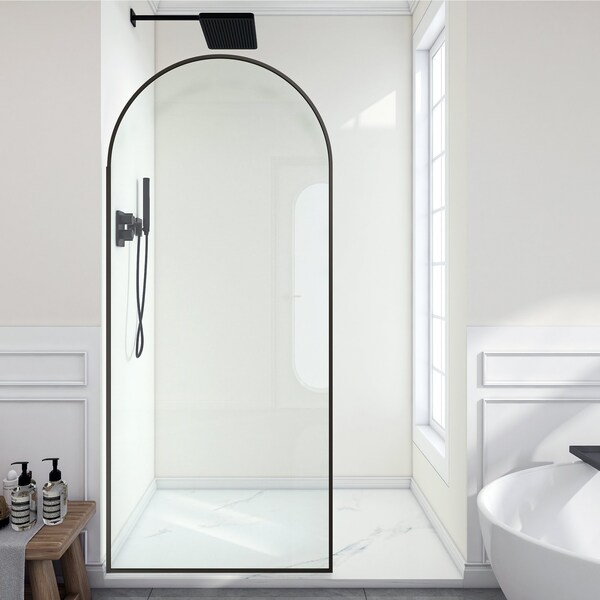 Anzzi Ember Series 74x 34in Framed Arch Fixed Shower Screen Door, Matte Black, 8mm Tempered Clear Glass SD-AZ18-01MB - main