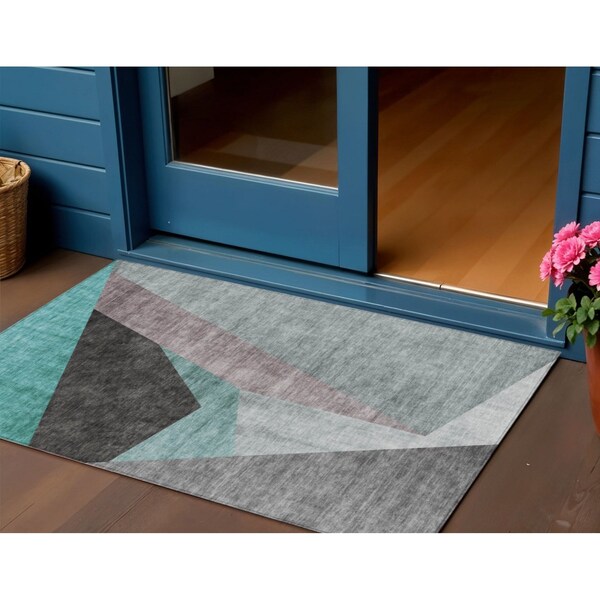 Homeroots 3' X 5' Teal Blue Aqua And Charcoal Abstract Washable Indoor Outdoor Area Rug 582890 - main