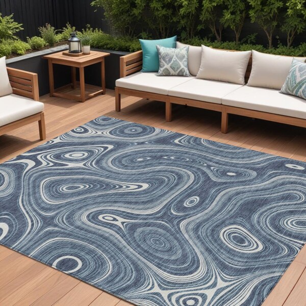 Homeroots 9' X 12' Blue And Ivory Geometric Washable Indoor Outdoor Area Rug 631381 - main