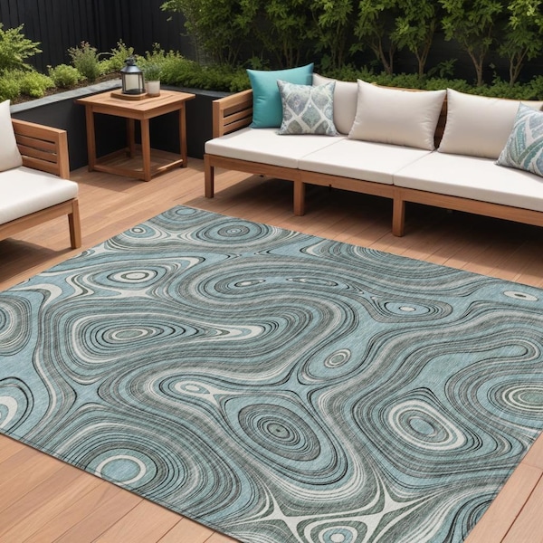 Homeroots 8' X 10' Sky Blue And Gray Geometric Washable Indoor Outdoor Area Rug 631404 - main