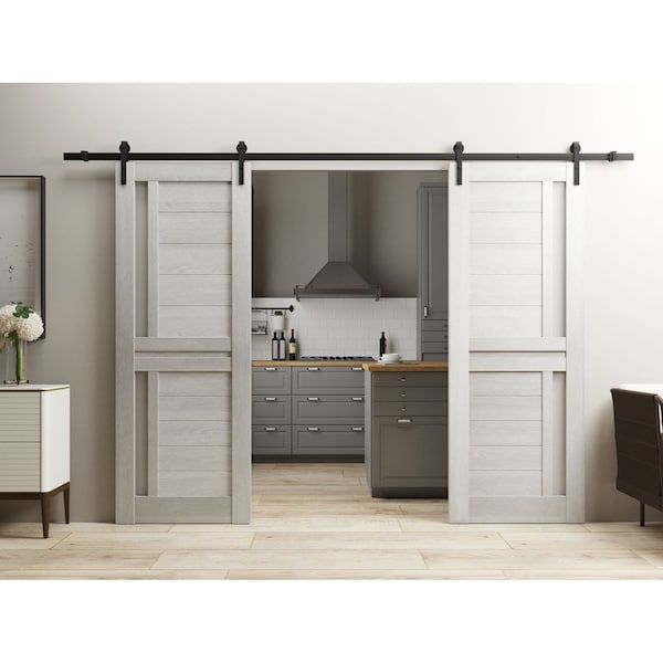 Sartodoors Sturdy Dbl Barn Door 56 x 96in W/, Light Grey Oak W/ Frosted Glass, 13FT Rail Hangers Heavy Set VEREGIO7288DB-OAK-5696 - main