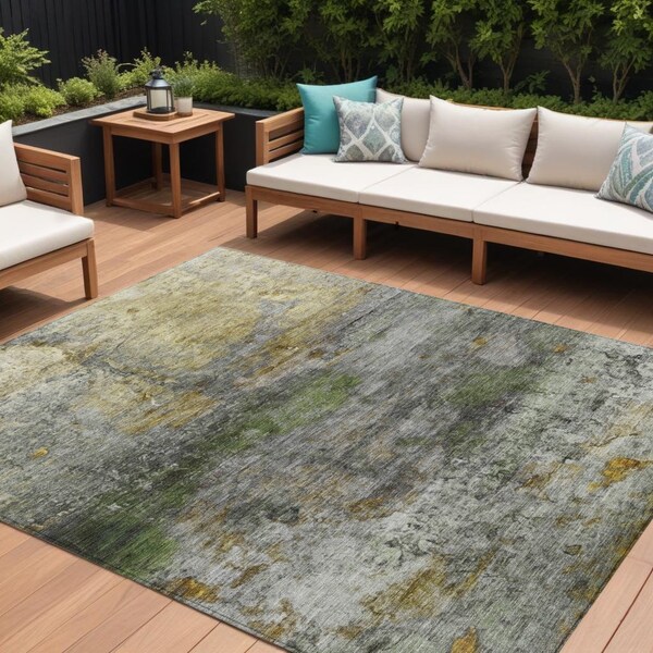 Homeroots 10' X 14' Olive Green Gold And Gray Abstract Washable Indoor Outdoor Area Rug 631454 - main
