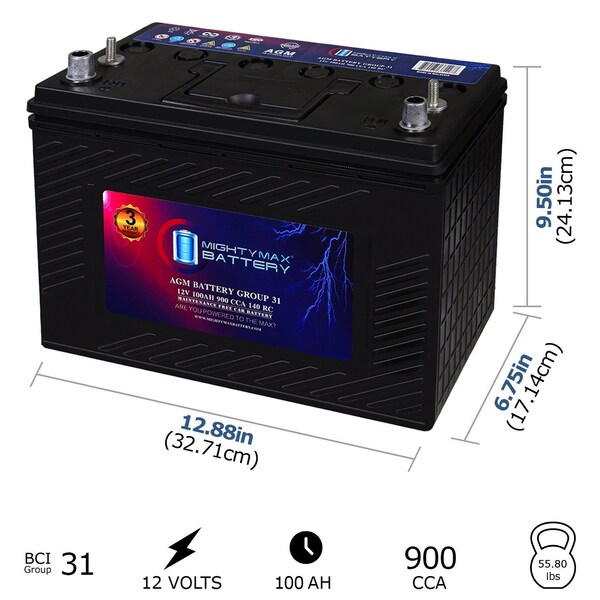 Mighty Max Battery MM-G31 Start and Stop Car BCI Group 31 12V 100AH, 140RC, 900 CCA, Rechargeable AGM Car battery MAX4157986 - main
