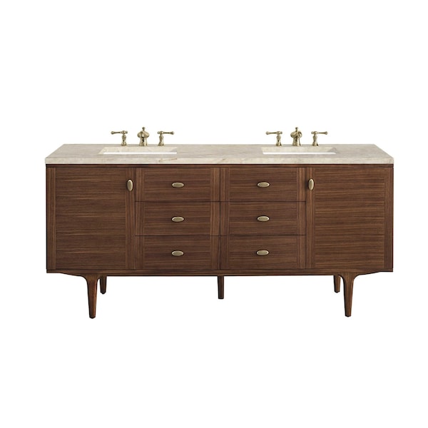 James Martin Vanities Amberly 72" Double Vanity, Mid-Century Walnut, w/ 3 CM Tajnar Eclos Top w/FreePower Wireless Charger 670-V72-WLT-FTJR - main