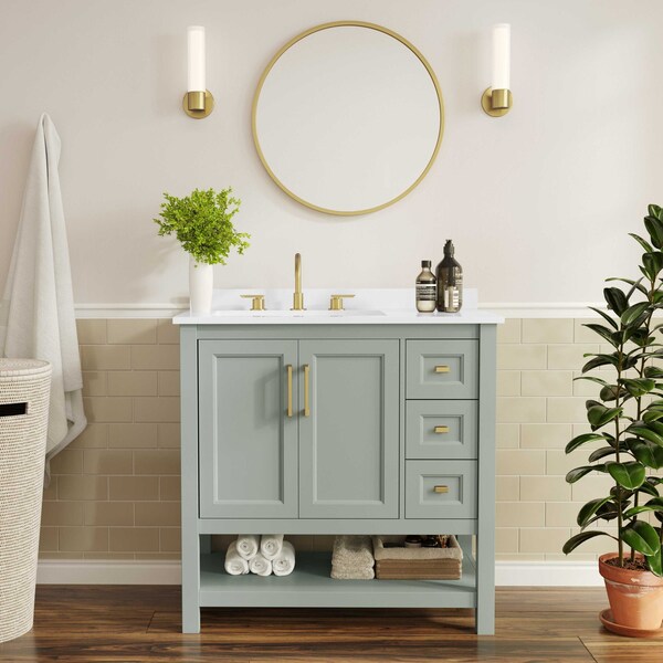 Flash Furniture Vega 36in. Vanity w/Sink, Cabinet w/Gold Hardware, Open Shelf & 3 Drawers, Marble Counter, Sage/Wht FS-VEGA36-KD-SG-HDGLD-GG - main